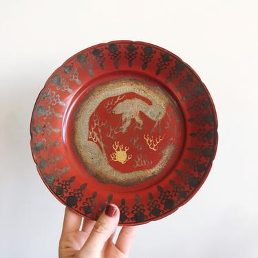 Vintage Chinese Red Enamel Porcelain Plate with Inlaid Shell Dragon 