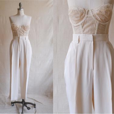 Vintage 80s Ivory Silk Trousers/ 1980s High Waisted Off White Pants/ Size 28 Medium Petite 