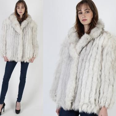 Arctic Fox Fur Coat / Real Fur Jacket With Pockets / Vintage 80s Plush Blue Fox Chubby Overcoat / Shaggy Corded Shawl Collar Ski Jacket 