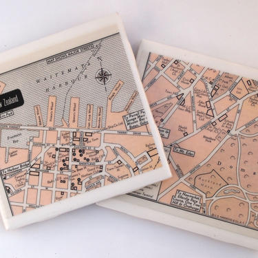 1960 Auckland New Zealand Handmade Vintage Map Coasters - Ceramic Tile Coasters set of 2 - Repurposed 1960s Atlas - OOAK Drink Coasters 