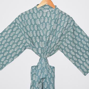 Hand Block Printed Kimono Robe, Cotton Kimono, India Wood Block Print, Lightweight Cotton Robe, Coverup, Bathrobe, Cotton Dressing Gown 