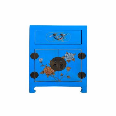 Chinese Bright Blue Vinyl Moon Face Flower Birds End Table Nightstand cs7131E 