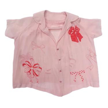Hand-Inked 1930s Sheer Pink Bow Blouse