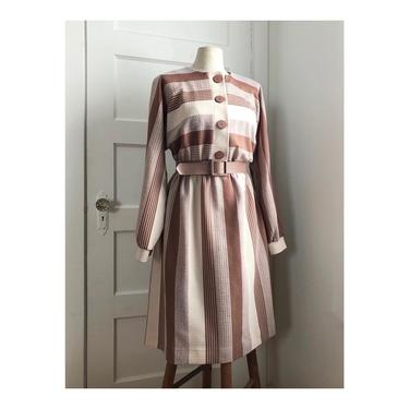1980s Taupe and Cream Striped Long Sleeve Button Up Belted Dress by Jennifer Gee- size small/med 