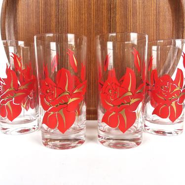 Vintage Red Rose Floral Tumblers With Gold Trim, Mid Century Modern Highball Barware Glasses 