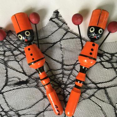 Vintage Halloween Wooden Black Cat Clacker And Whistle, Halloween Party Noisemakers And Decor, Orange And Black, Set Of Two 