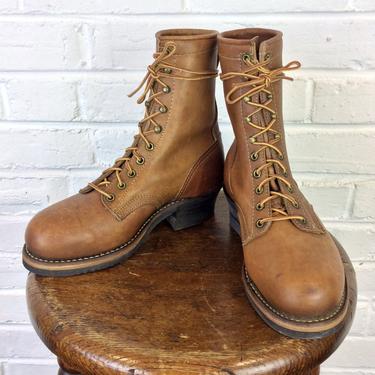 Size 7 EEE Vintage Men’s Brown Steel Safety Toe Logger Packer Boots with Vibram Soles and Stacked Heel 