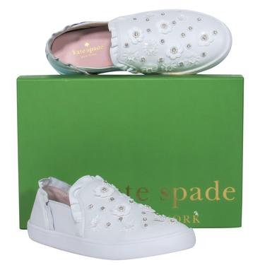 Kate Spade - White Leather "Louise" Slip-On Sneakers w/ Floral Beading Sz 7.5