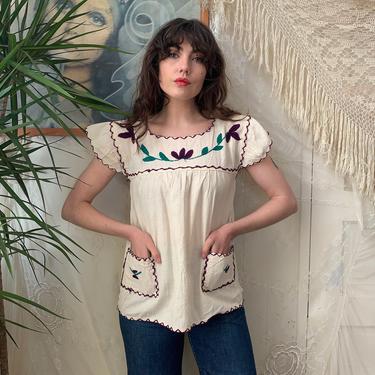 MEXICAN SMOCK TOP - pockets - embroidered - linen - small/medium 