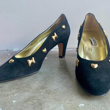 ESCADA Black Suede Heels with Gold Bow Embellishments 