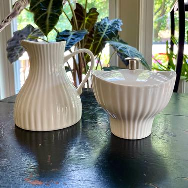 Vintage Ceramic Ernest Sohn Creations Sugar Bowl with Lid and Cream Pitcher Creamer - Mid Century Modern, White Ribbed Ceramic 