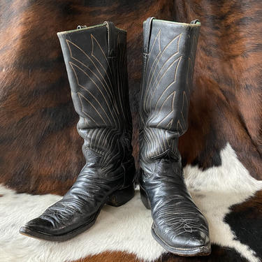Vtg 50s Justin Black Leather Cowboy Boots with Unique Detail Stitching / Western Ranchwear / Size 9 Mens / Size 10 Womens by AmericanDrifter