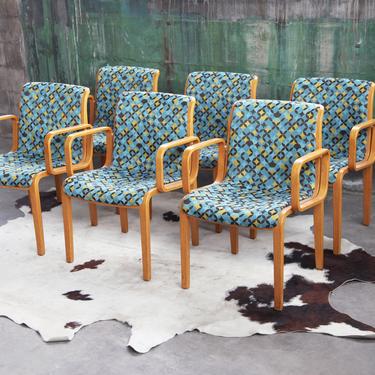 SET of SIX  1305-U Gorgeous Blue Knoll Bentwood Post Modern Dining Chairs 60s 70s MCM Mid Century Danish Bill Stephens armchair 