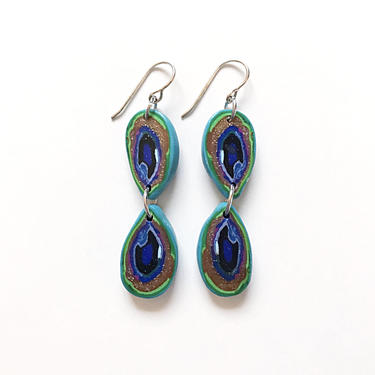 Peacock earrings - handmade with polymer clay and sterling silver by ChrisBergmanHandmade