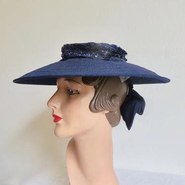 Vintage 1940's 1950's Navy Blue wide Brim Hat Back Bow Trim New York Creation Portrait Picture Rockabilly 40's 50's Millinery Size 22 