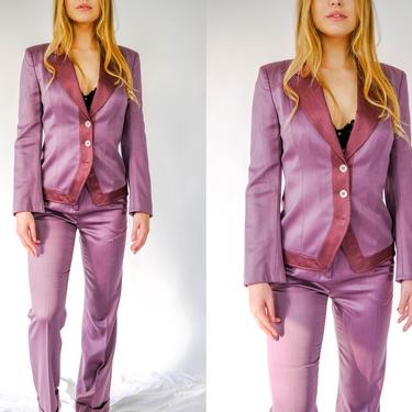 Vintage Antonio Berardi Aubergine Silk Blend Blazer & High Waisted Flare Leg Pant Suit | Made in Italy | 2000s Y2K Designer Couture Suit 