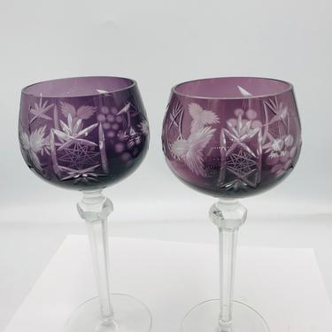 Vintage Pair (2) Purple Etched Hock Wine Glass Goblets Bohemian - Cut to Clear-  Great Condition 
