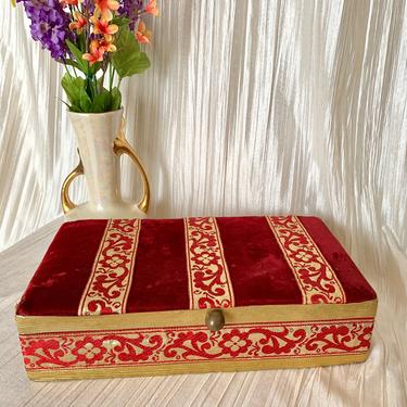 Velvet Brocade Jewelry Box, Ribbon Trim, Burgundy / Gold, Vintage Handcrafted Decor 