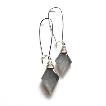 Rhombus Grey Moonstone Kidney Earrings, Silver