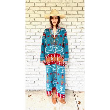 Southwestern Blanket Coat // wool blend long red boho hippie jacket dress southwest southwestern aztec 80s 90s // O/S 