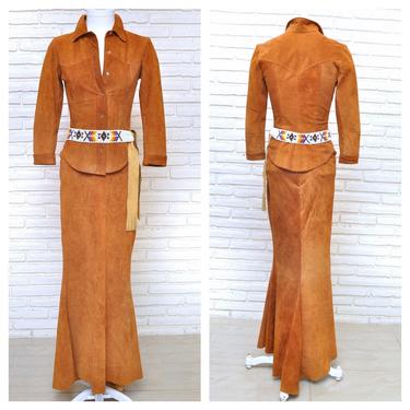 Vintage Tan Suede Maxi Skirt and Blouse Long Floor Length Leather Skirt and Top Set  by Fernando Garcia 