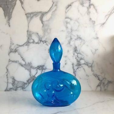 Vintage Mid Century Modern Blenko Art Glass Decanter Bottle #6310 Turquoise Aqua Blue Color Wayne Hosted Design with Bulbous Form 