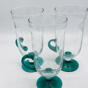 Set of 3 Pier 1 Pedestal Hand Blown Glass Irish Coffee Mugs Cups Clear w/ Green Handles Great Condition 