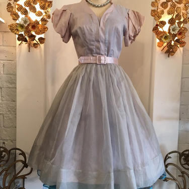 Vintage prom dress, 1950s party dress, Silk organza dress, balloon sleeve dress, ice blue and lilac, sheer chiffon, size medium 