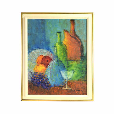 Vintage Mid Century Modern Abstract Oil Painting Still Life w Bottles signed Stackler 
