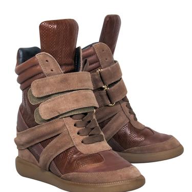 Monika Chiag - Brown Perforated Leather &amp; Suede High Top Wedge Sneakers Sz 6