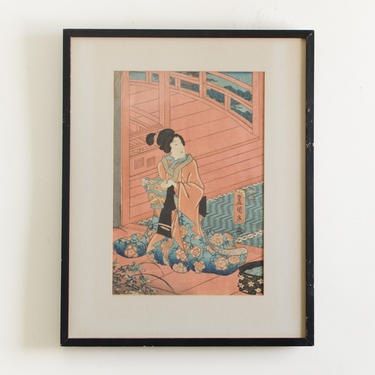 Vintage Japanese Woodblock Art Print Ukiyo-e Artist Toyo Kuni Framed Original Kabuki Actor Print Kimono Japanese Lady Wall Decor 