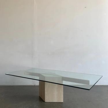 Glass and travertine coffee table- single brass stretcher 