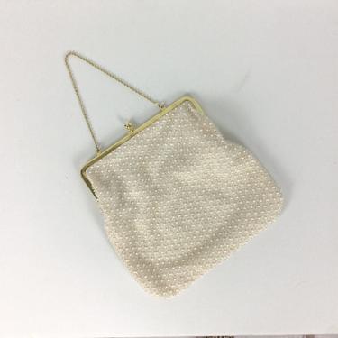 Vintage 50s handbag | Vintage white floral beaded purse | 1950s Lumured Corde Bead wedding bag 