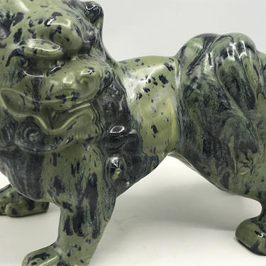 Vintage Foo Dog Figurine Statue Green and Black Swirl Marble Glaze Ceramic - 12&amp;quot; X 9&amp;quot; tall- Rare 