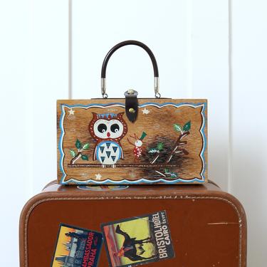 vintage 1960s novelty box purse • hand painted owl & ladybug wooden top handle bag 