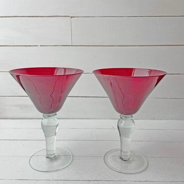 Vintage Set of 2 Tall Ruby Glass Martini Glasses With Clear Stems | Red Glass Margarita Glasses, Champagne Glasses, 1940's Cocktail Glasses 