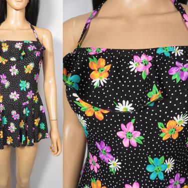 Vintage 90s Deadstock Catalina Floral Ruffle Frilly Polka Dot One Piece Bathing Suit Made In USA Size 12 
