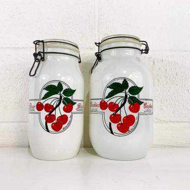Vintage Glass Kitchen Canister Set 2 Pair Food Storage Cherries Cherry White Mason Jar Canisters Carlton Flour Cookies Lisa Hemmer 1984 80s 
