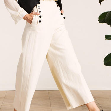Rustic Cream Wide Leg Trousers with Buttons