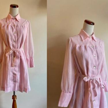 Vintage 60s Dress, Sheer Pink Dress, Button Down Pleated Dress, Long Sleeve Collared Dress, Medium 