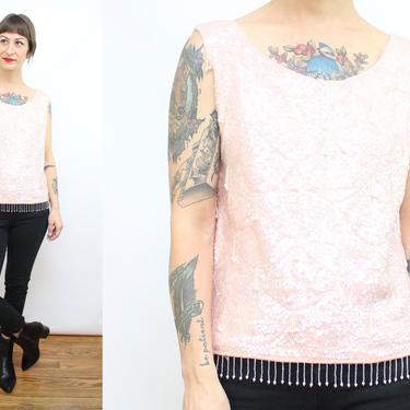 Vintage 60's Soft Pink Sequin Top / 1960's Sleeveless Sequined Blouse / Sparkly / Women's Size Small Medium Large 
