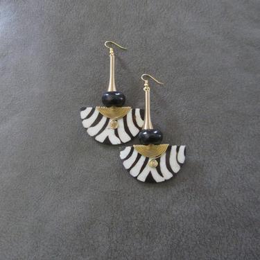 African earrings, brass and bone horn earrings, wire wrapped earrings, batik print Afrocentric earrings, fan earrings, ethnic bohemian long 