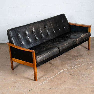Mid Century Danish Modern Sofa Couch Leather Hans Olsen Black Arm Glostrup Teak