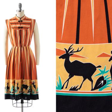 Vintage 1980s Sundress | 1950s Style Novelty Border Print African Safari Animals Cotton Striped Orange Day Dress (x-small/small) 