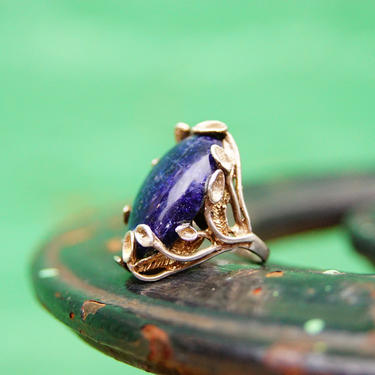 Vintage Brutalist Sterling Silver Lapis Lazuli Ring, Large Cobalt Blue Stone, Organic Silver Tendrils, Unique Gemstone Ring, Size 6 3/4 US 