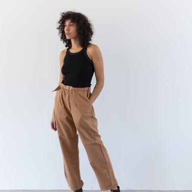 Vintage 32 Waist Almond Pleat Trousers | Unisex Belted High Waist Brown Workwear Pants | Brown Chino | Button Fly Overdye | 