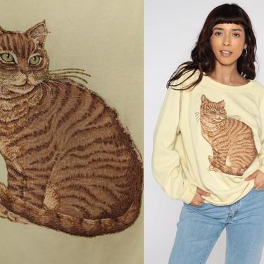 Cat Sweatshirt Glitter Shirt Kawaii Kitten Shirt 80s Shirt Animal Raglan Sleeve 1980s Vintage Slouchy Yellow Graphic Extra Large xl 