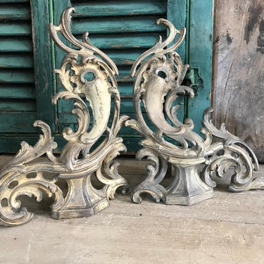 French Scrolling Gilt Hearth Mounts, Set of 2, Fireplace, Architectural, Sculpture Art 