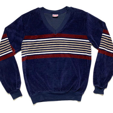 Vintage 1980s Terry Cloth V-Neck Sweatshirt ~ S ~ Pullover / Jumper ~ Striped 
