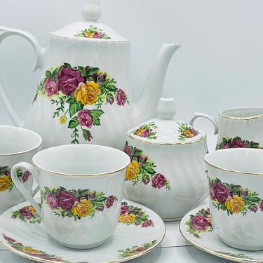 Vintage Regents  Country Rose 9 Piece Tea Set Coffee Pot 3 Cups & 2 Saucers Creamer  and Sugar Bowl 